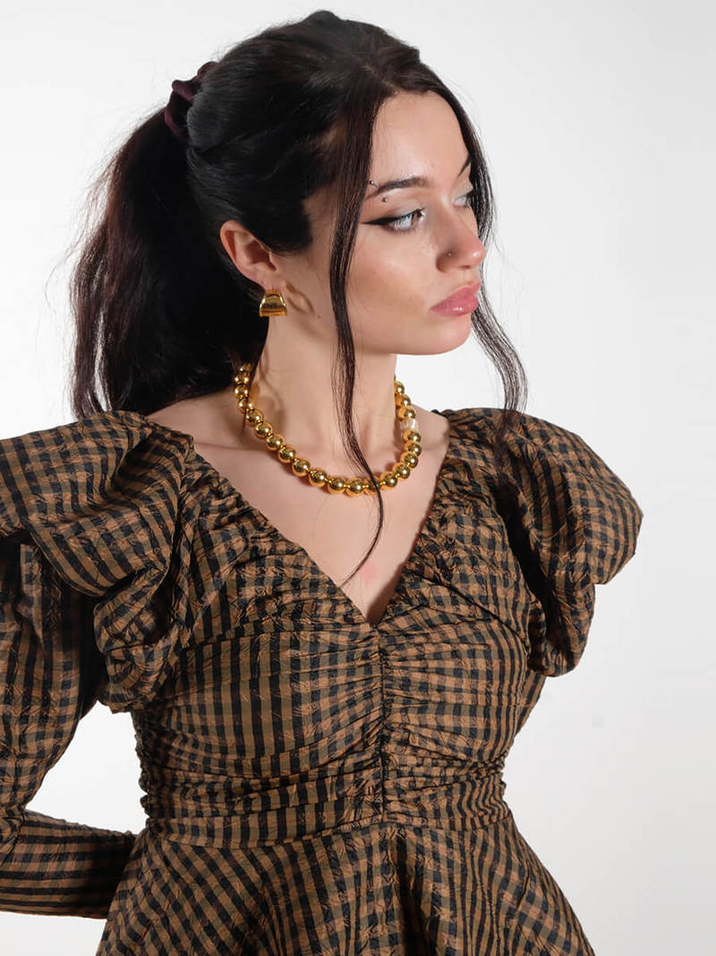 Ganni Crinkled Check Mini Dress