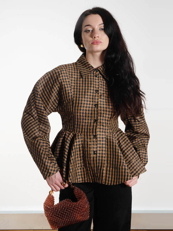 Ganni Crinkled Check Peplum Shirt - Brown Check Ganni Crinkled Check Peplum Shirt - Brown Check