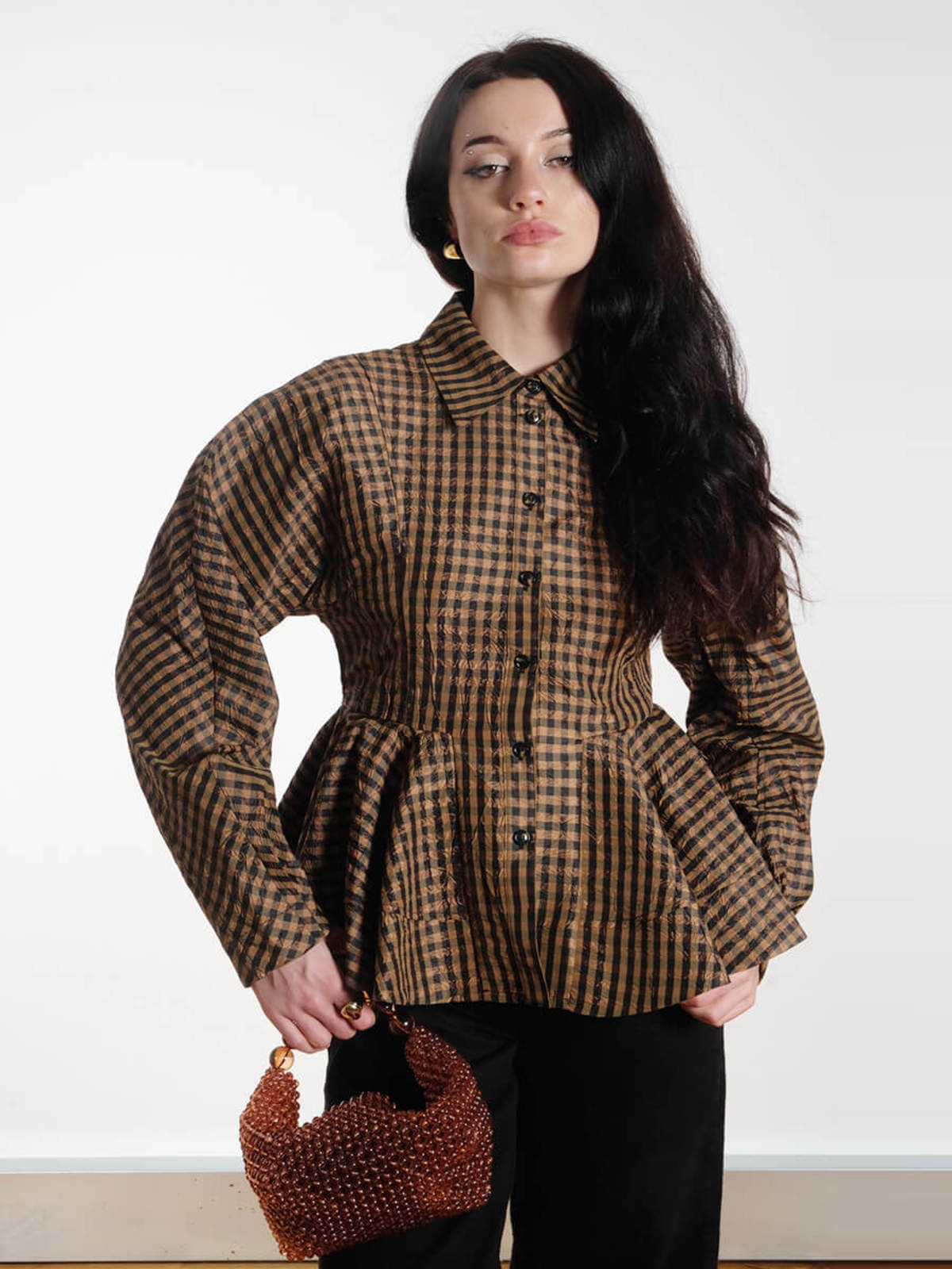 Ganni Crinkled Check Peplum Shirt - Brown Check - Image 1 of 5