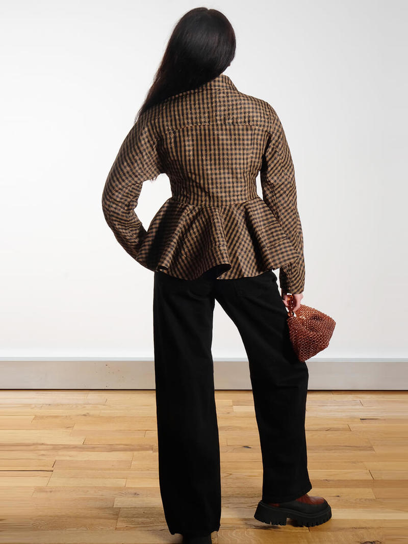 Ganni Crinkled Check Peplum Shirt - Brown Check
