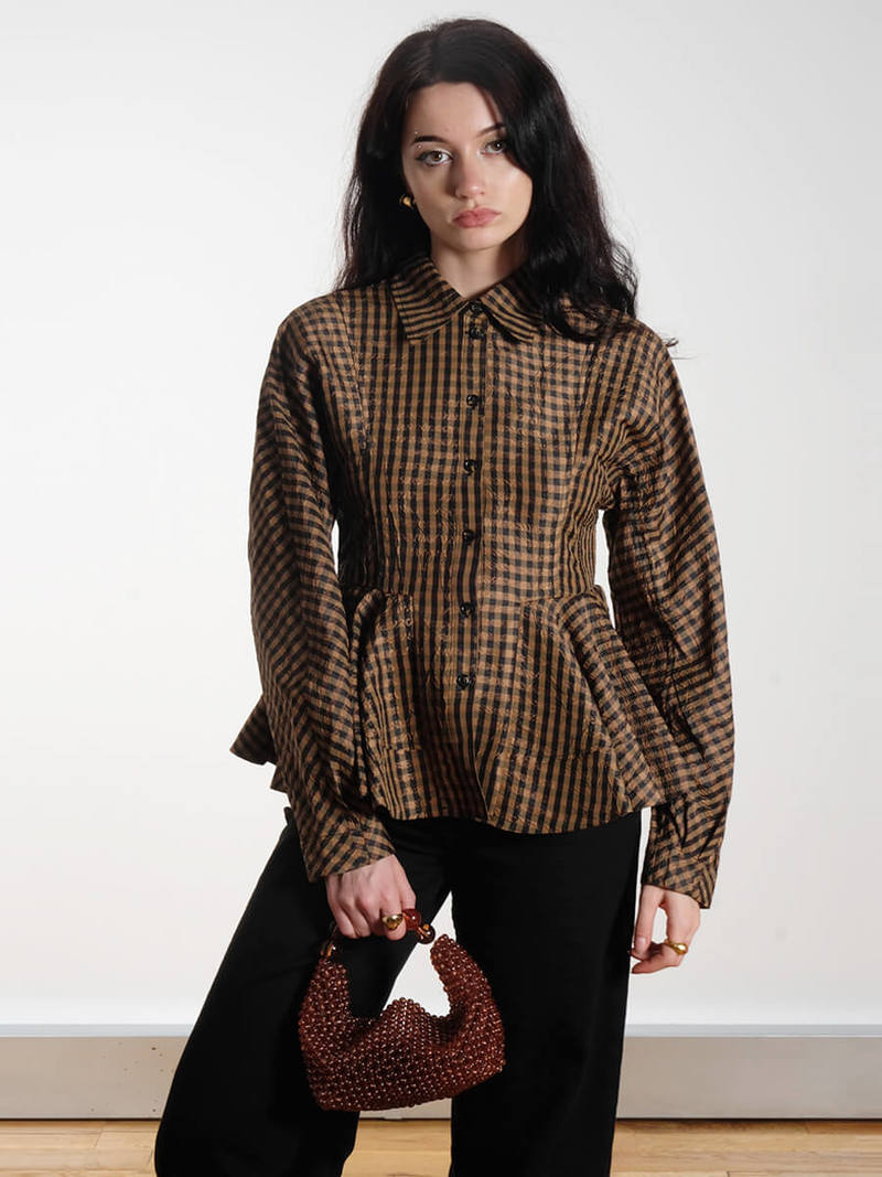 Ganni Crinkled Check Peplum Shirt - Brown Check