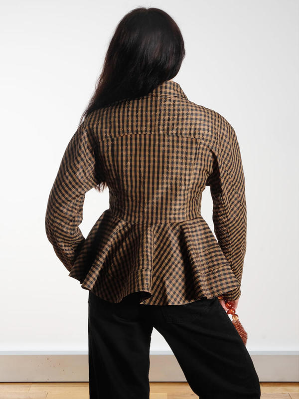 Ganni Crinkled Check Peplum Shirt - Brown Check