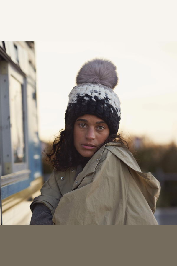 mischa lampert - browns and blacks stripe beanie + taupe xl pom