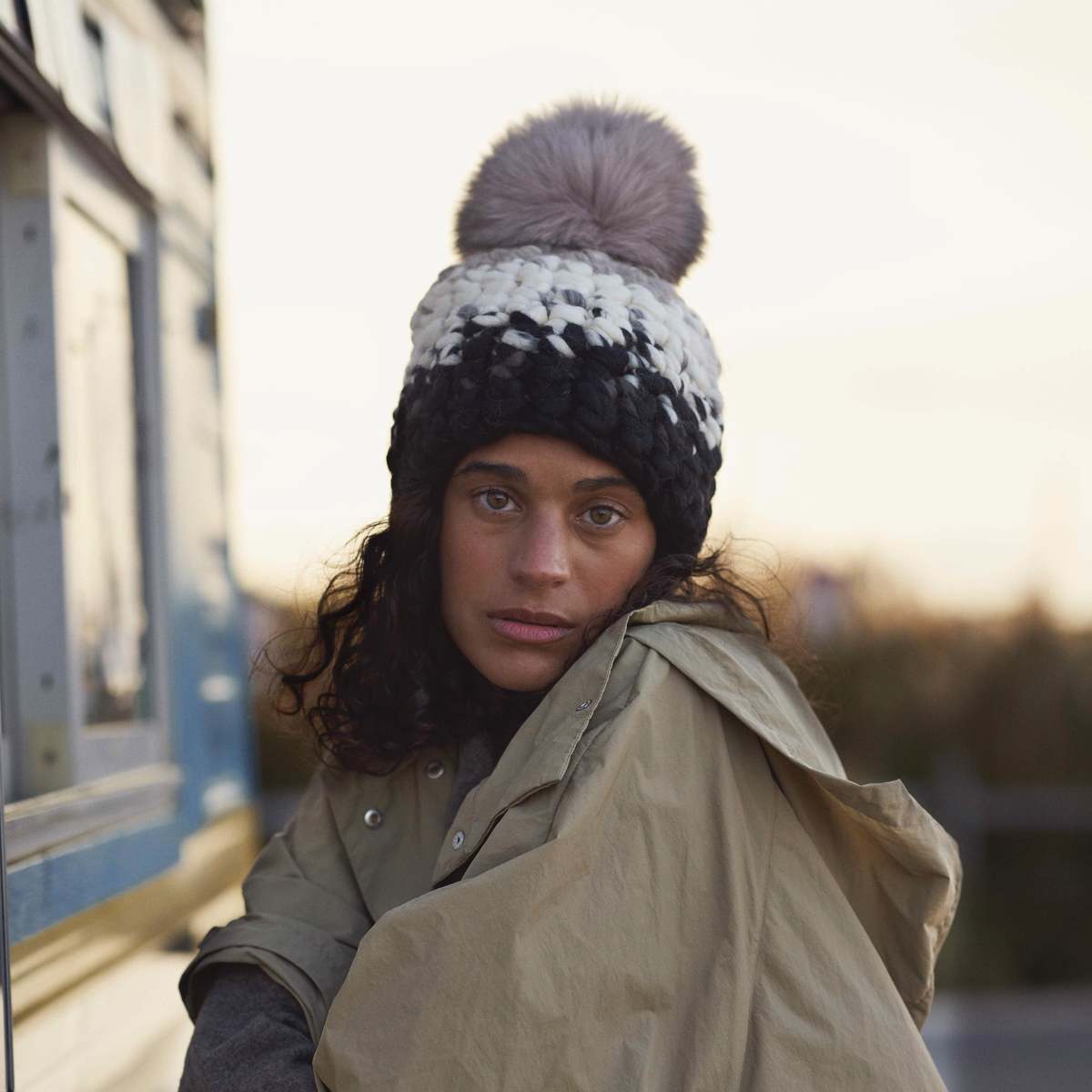 mischa lampert - browns and blacks stripe beanie + taupe xl pom - Image 1 of 5