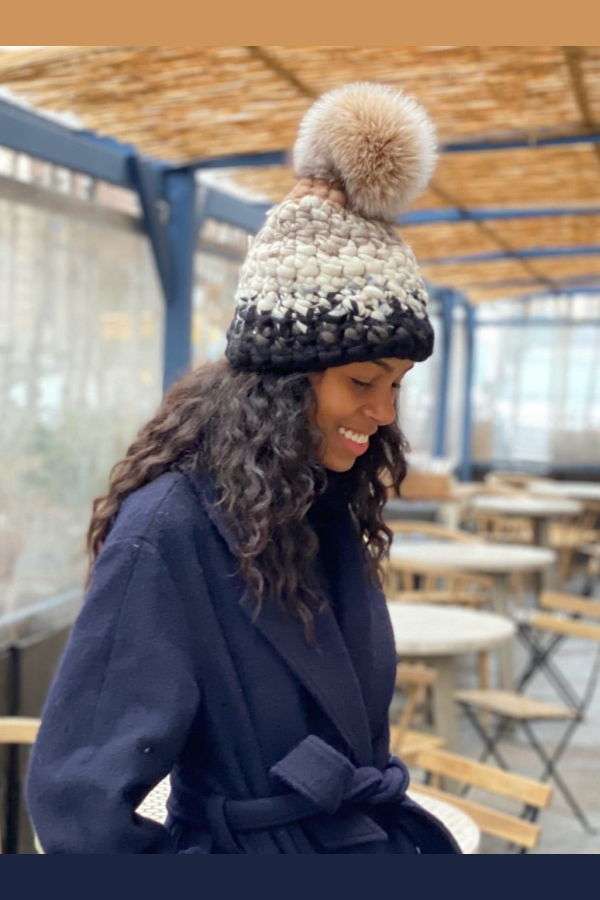 mischa lampert - browns and blacks stripe beanie + taupe xl pom