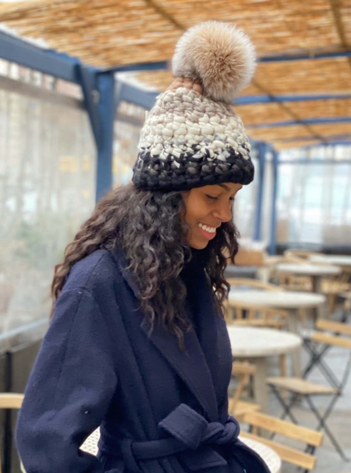 mischa lampert - browns and blacks stripe beanie + taupe xl pom - Image 2 of 5