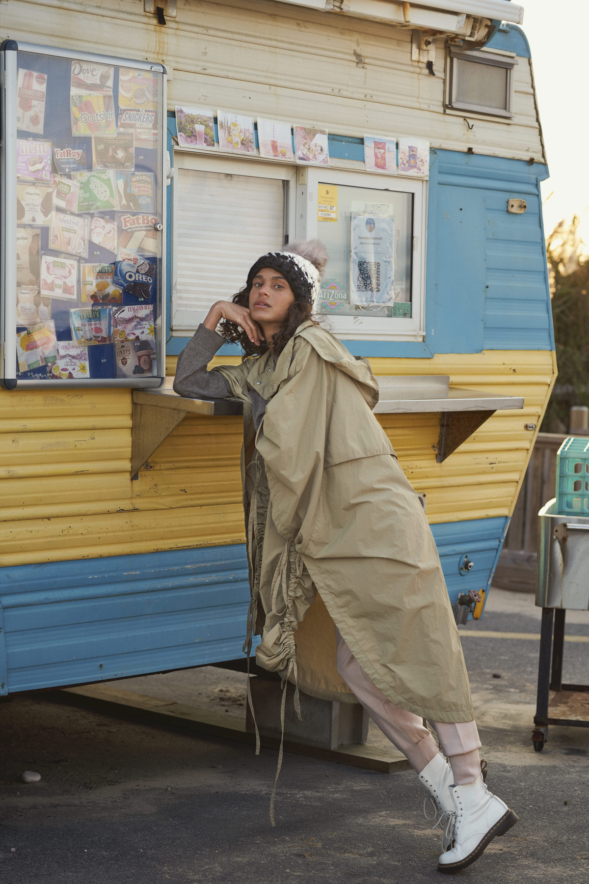 mischa lampert - browns and blacks stripe beanie + taupe xl pom - Image 3 of 5