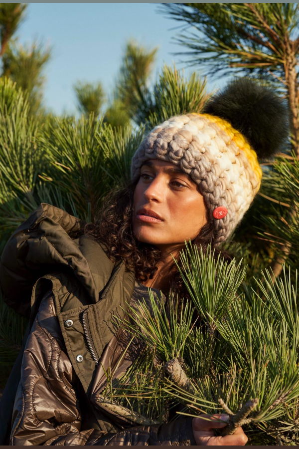 mischa lampert - greens and golds stripe beanie + forest xl pom