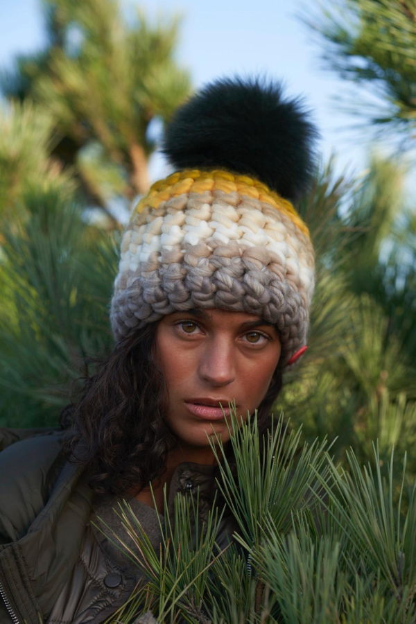 mischa lampert - greens and golds stripe beanie + forest xl pom
