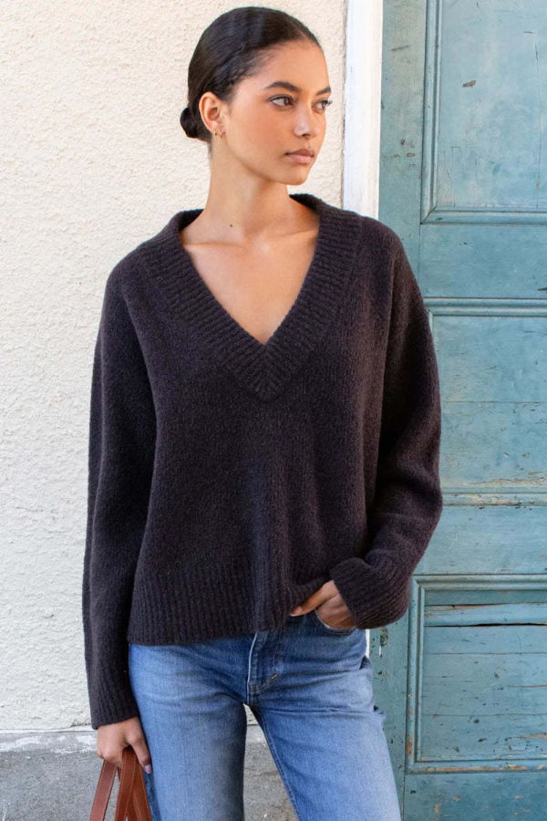 Emerson Fry Boxy Boucle V-Neck Sweater - Cocoa