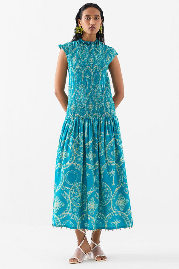 IKKIVI Coconut Palm Ruching Dress - Blue