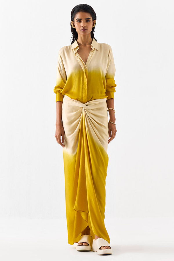 IKKIVI Dawn Draped Shirt Dress - Ivory/Mustard