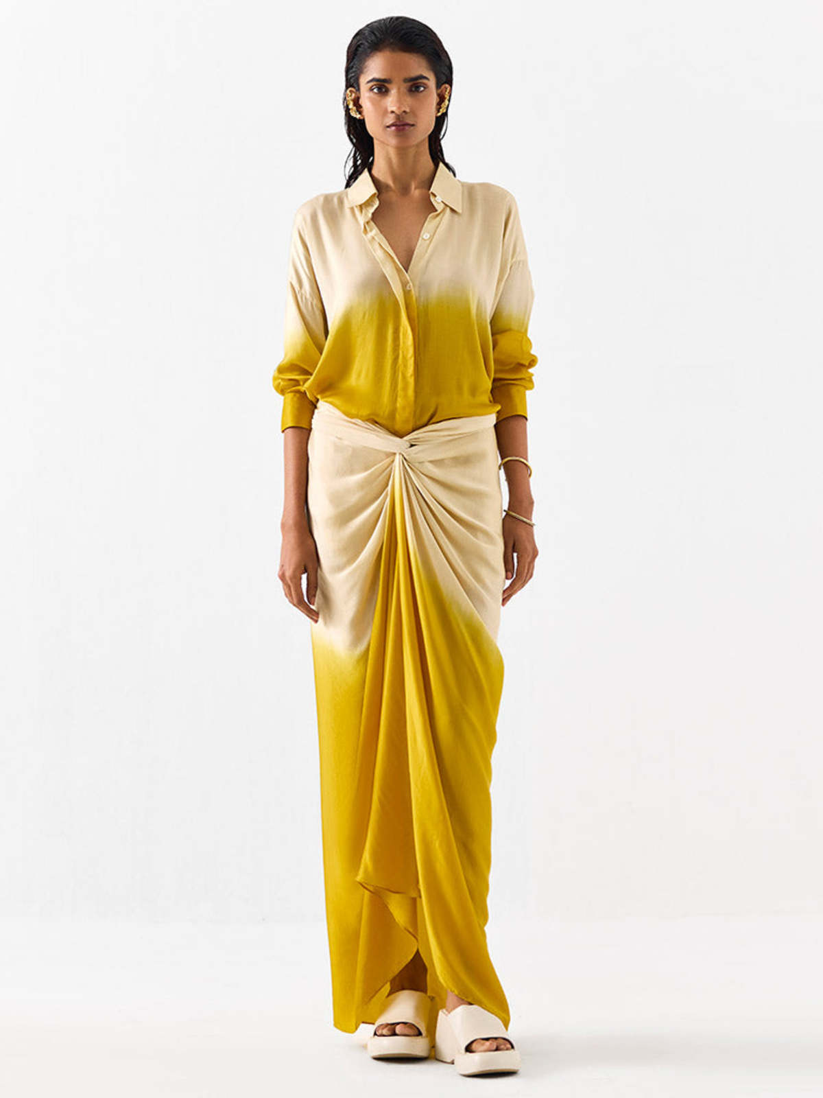 IKKIVI Dawn Draped Shirt Dress - Ivory/Mustard - Image 1 of 4