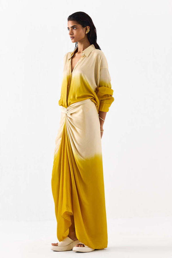 IKKIVI Dawn Draped Shirt Dress - Ivory/Mustard