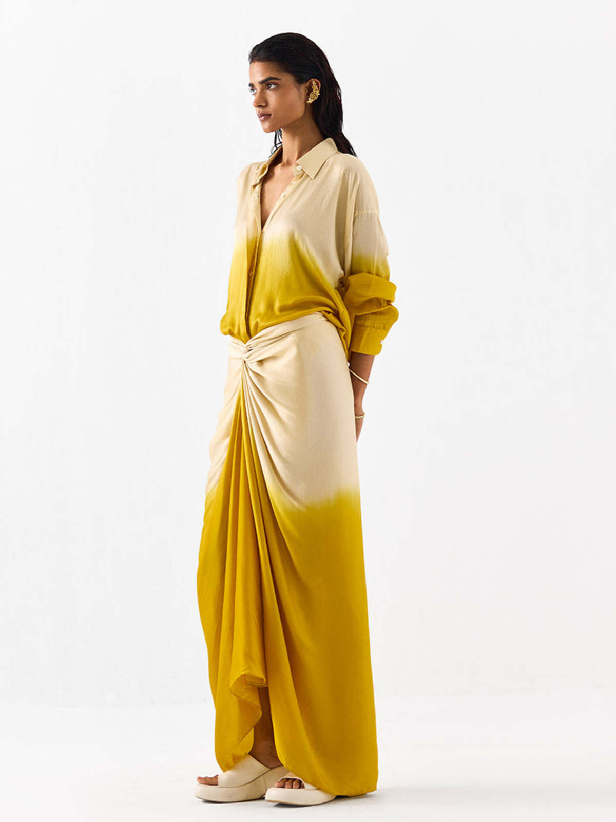 IKKIVI Dawn Draped Shirt Dress - Ivory/Mustard - Image 2 of 4