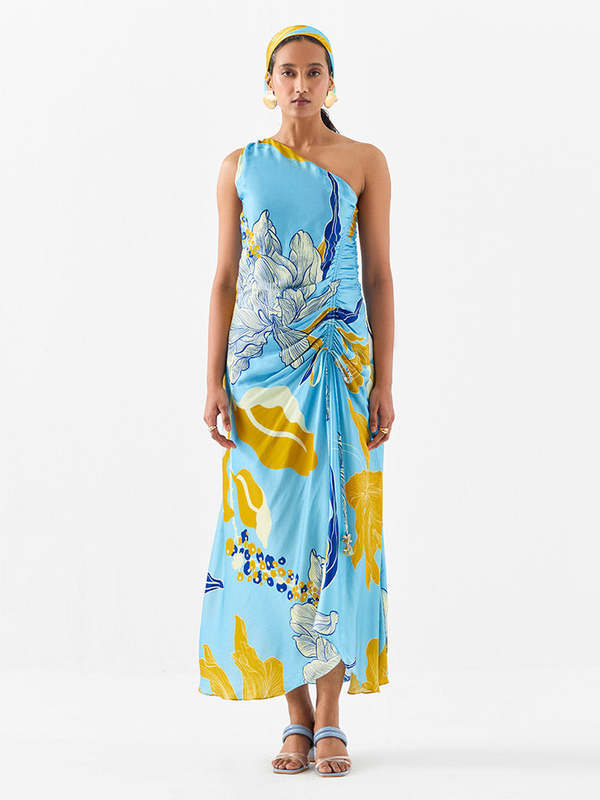 IKKIVI White Rose One Shoulder Dress - Blue