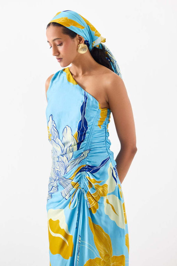 IKKIVI White Rose One Shoulder Dress - Blue