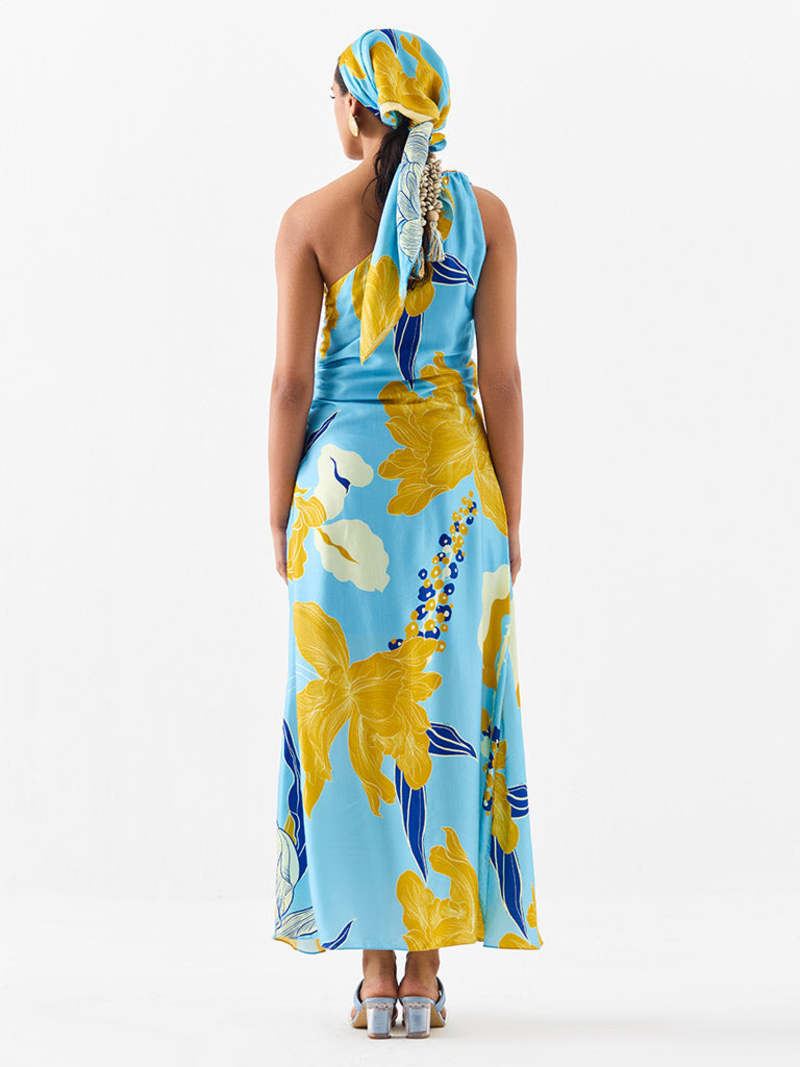 IKKIVI White Rose One Shoulder Dress - Blue