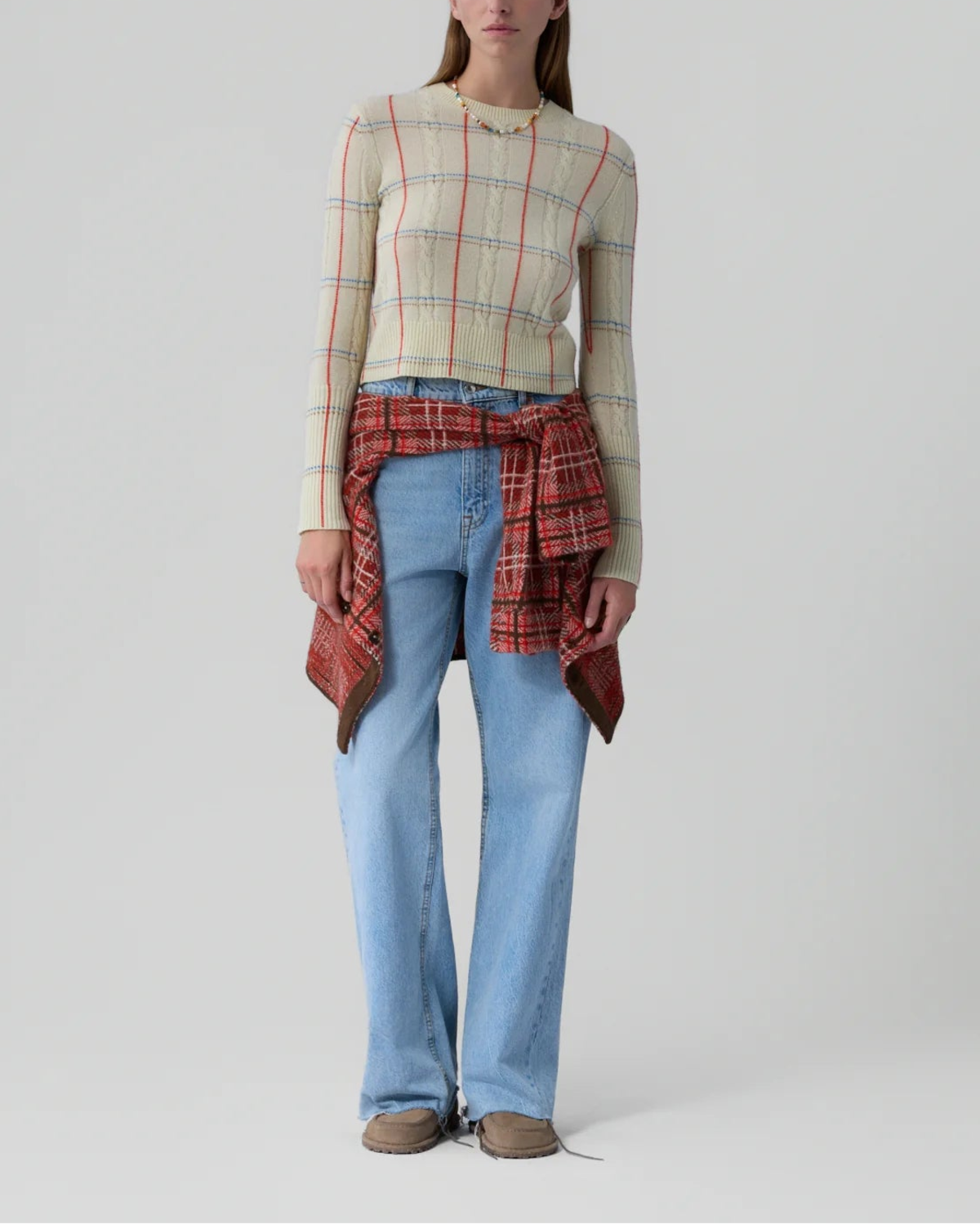 Guest in Residence Shrunken Check Crew Sweater - Cream - Image 2 of 5