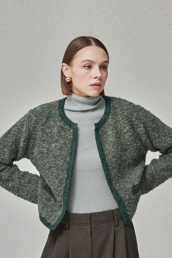Maison De Ines Tweed Crop Cardigan - Tweed Green