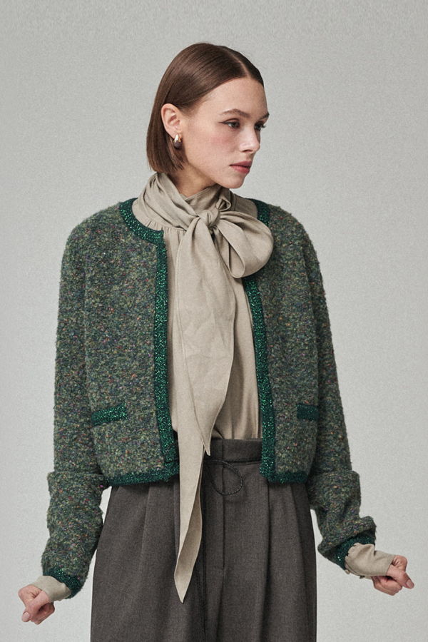 Maison De Ines Tweed Crop Cardigan - Tweed Green