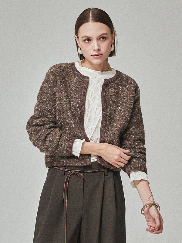 Maison De Ines Tweed Crop Cardigan - Tweed Brown