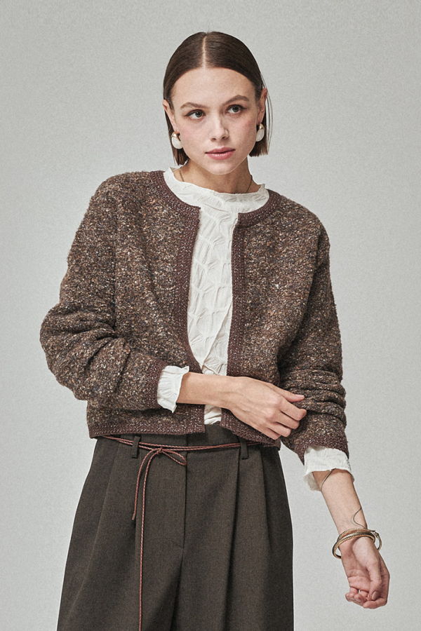 Maison De Ines Tweed Crop Cardigan - Tweed Brown