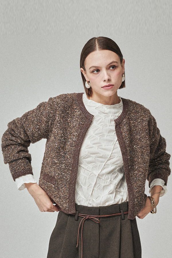 Maison De Ines Tweed Crop Cardigan - Tweed Brown