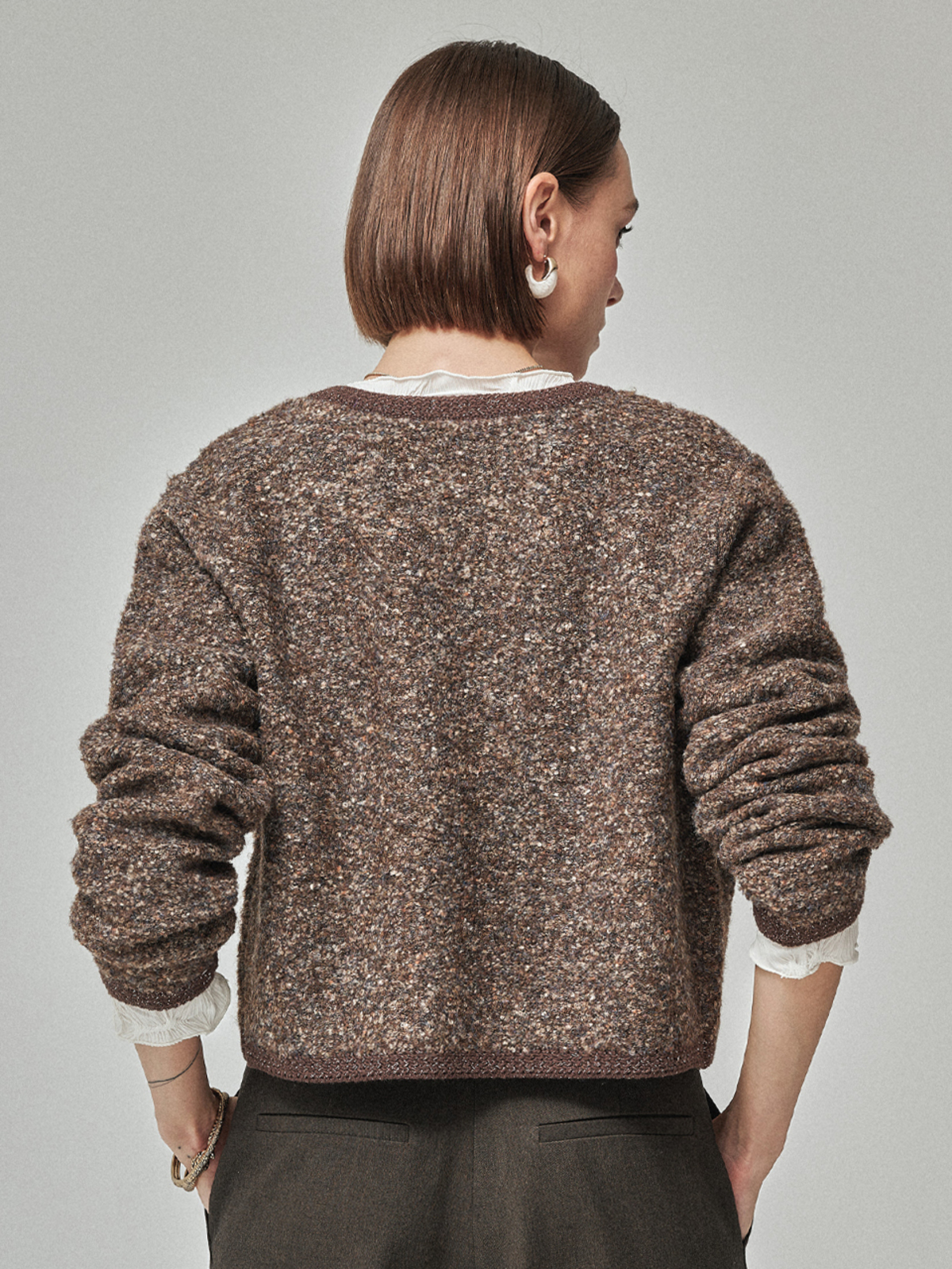 Maison De Ines Tweed Crop Cardigan - Tweed Brown - Image 6 of 6