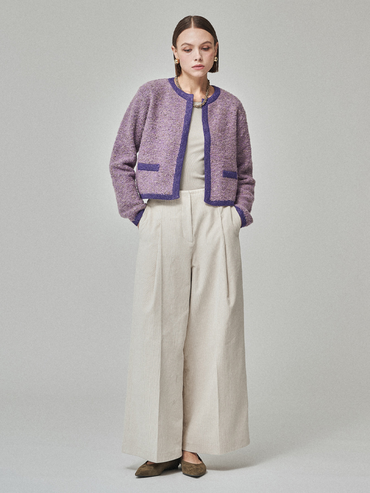 Maison De Ines Tweed Crop Cardigan - Tweed Lavender - Image 4 of 6