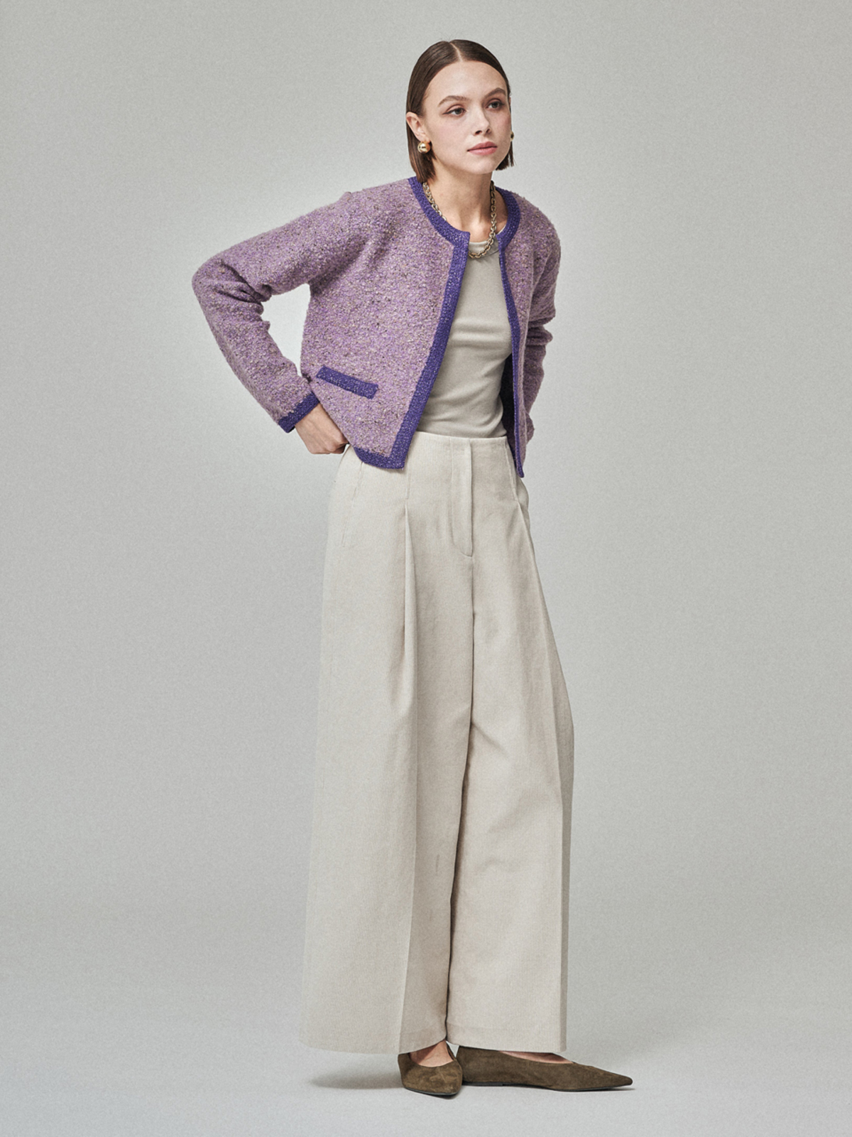 Maison De Ines Tweed Crop Cardigan - Tweed Lavender - Image 6 of 6