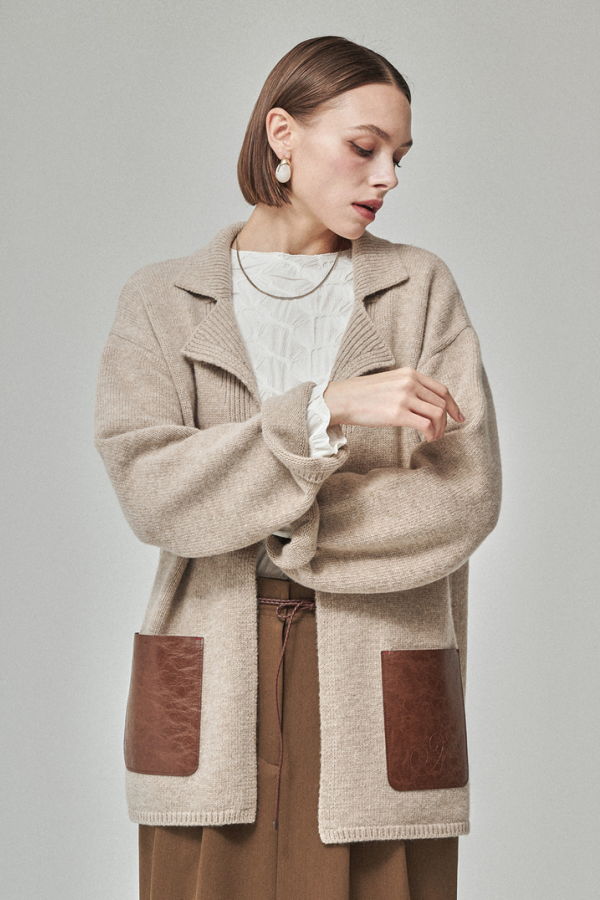 Maison De Ines Leather Pocket Knit Jacket - Soft Oat Beige