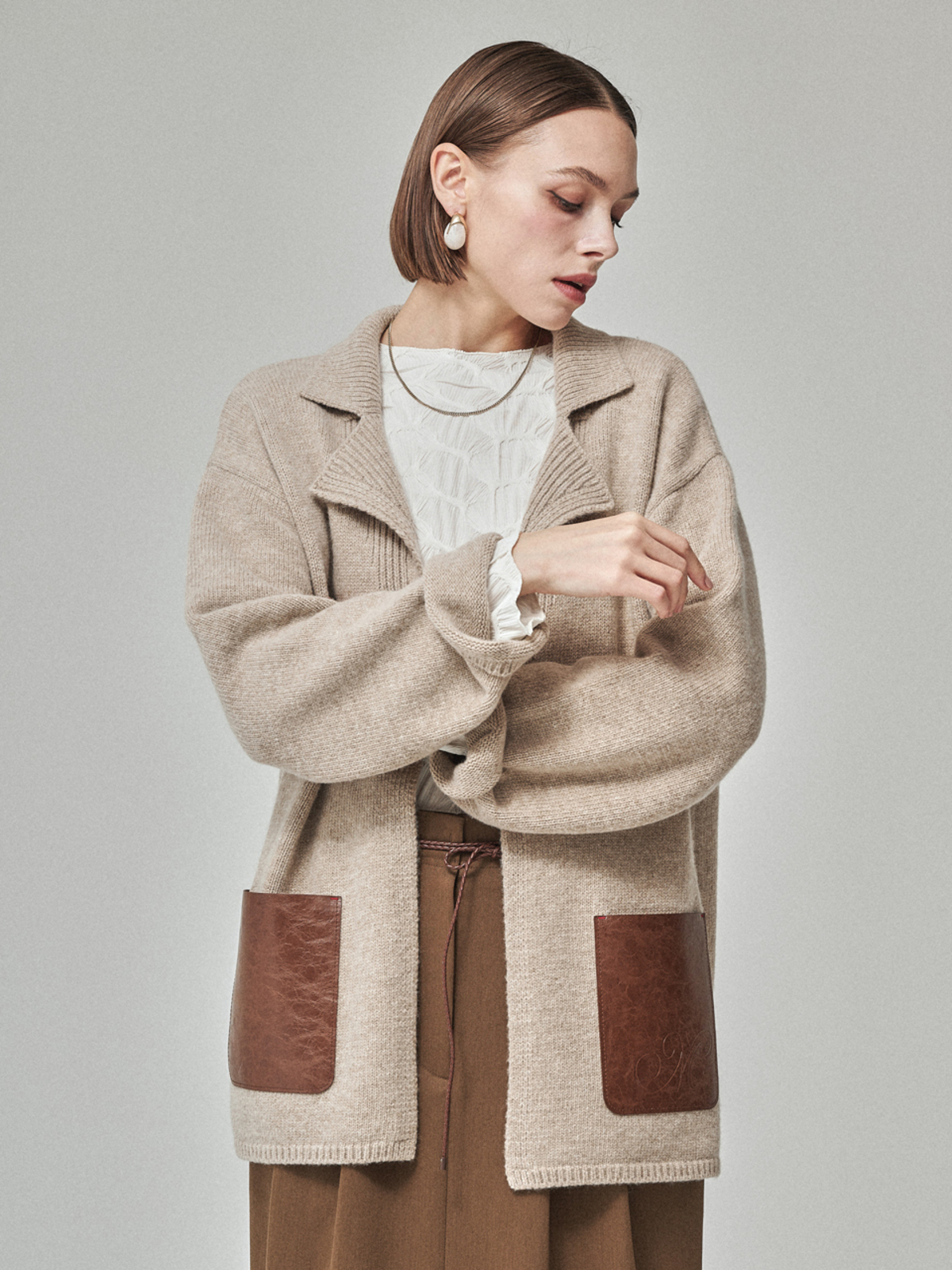 Maison De Ines Leather Pocket Knit Jacket - Soft Oat Beige - Image 1 of 6