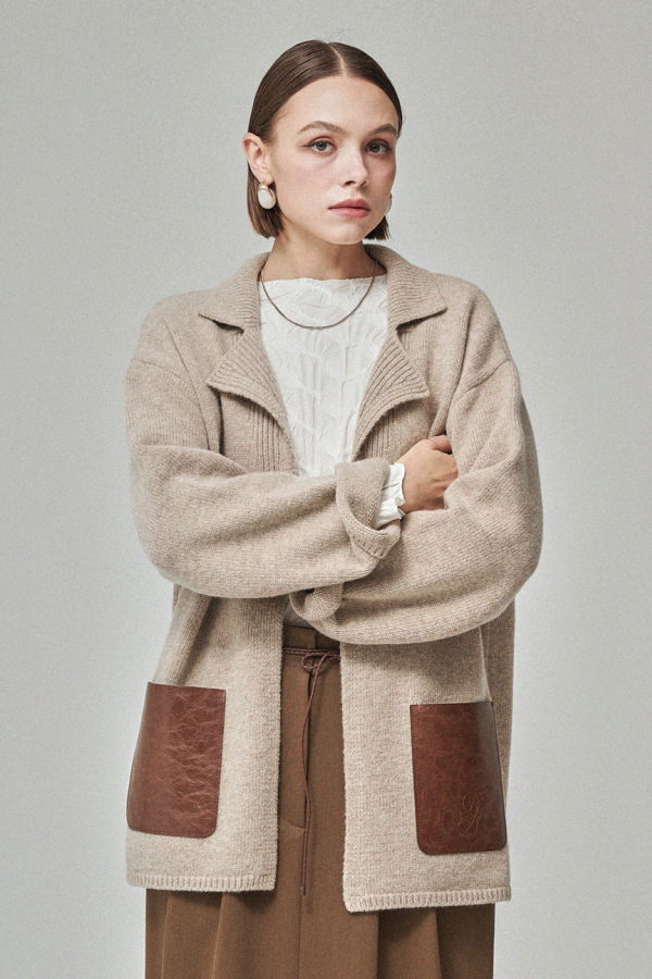 Maison De Ines Leather Pocket Knit Jacket - Soft Oat Beige