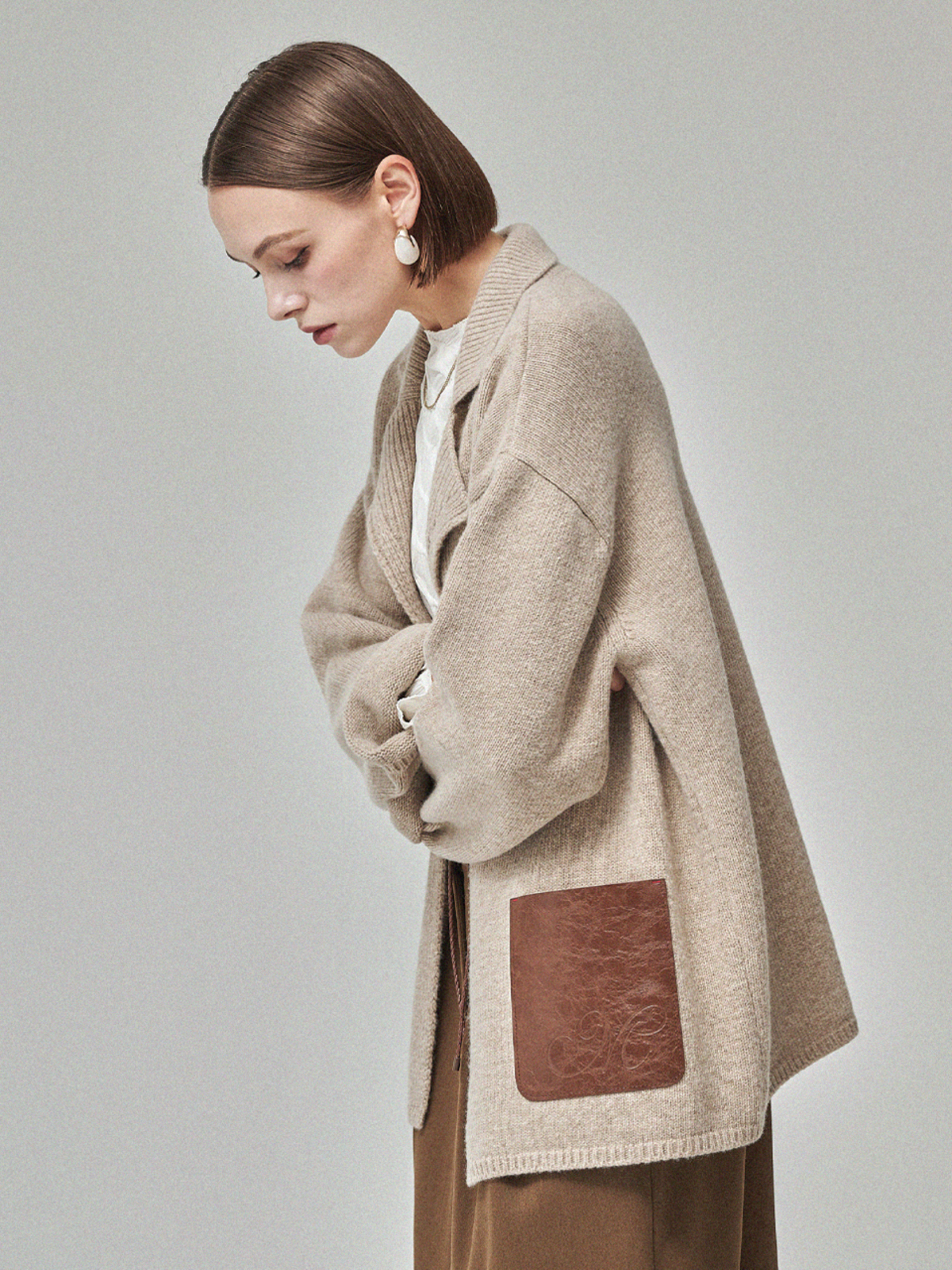 Maison De Ines Leather Pocket Knit Jacket - Soft Oat Beige - Image 3 of 6