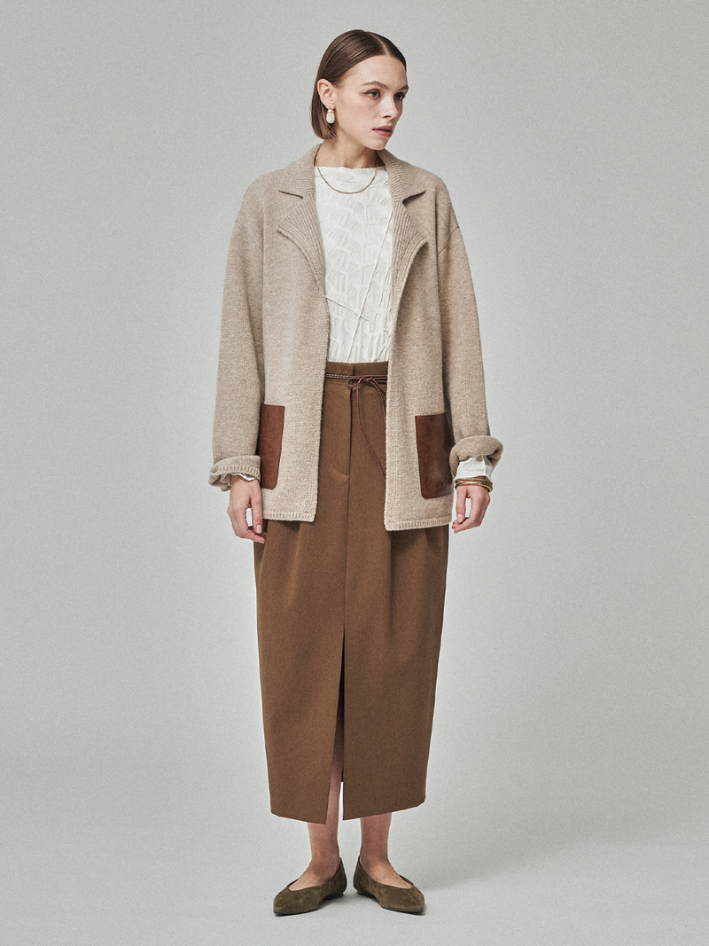 Maison De Ines Leather Pocket Knit Jacket - Soft Oat Beige