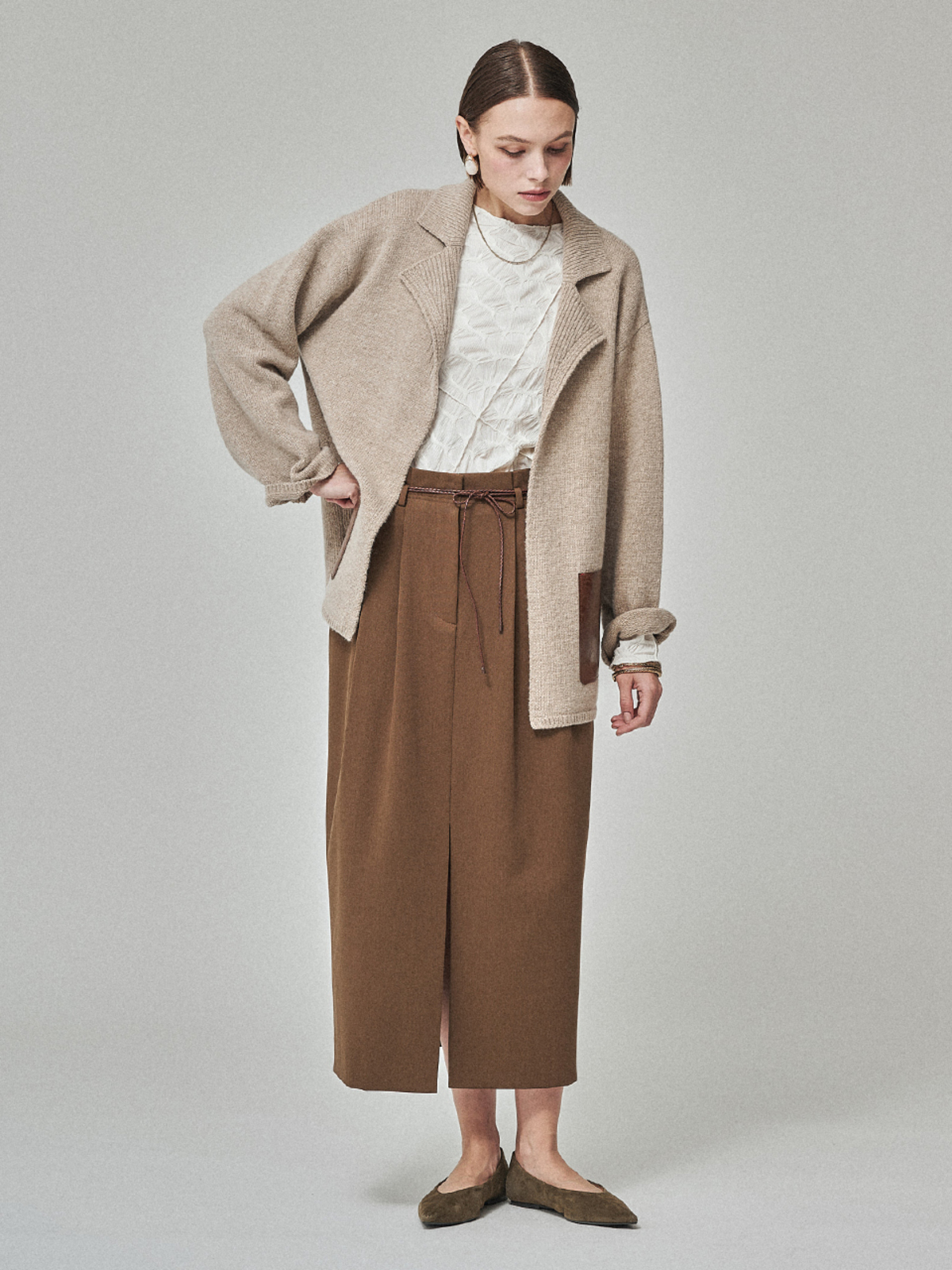 Maison De Ines Leather Pocket Knit Jacket - Soft Oat Beige - Image 5 of 6