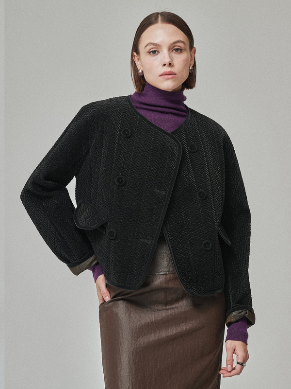 Maison De Ines Herringbone Quilted Jacket - Shine Jet Black