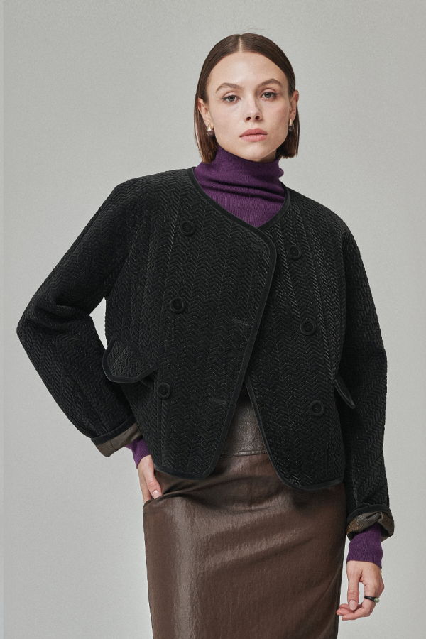 Maison De Ines Herringbone Quilted Jacket - Shine Jet Black