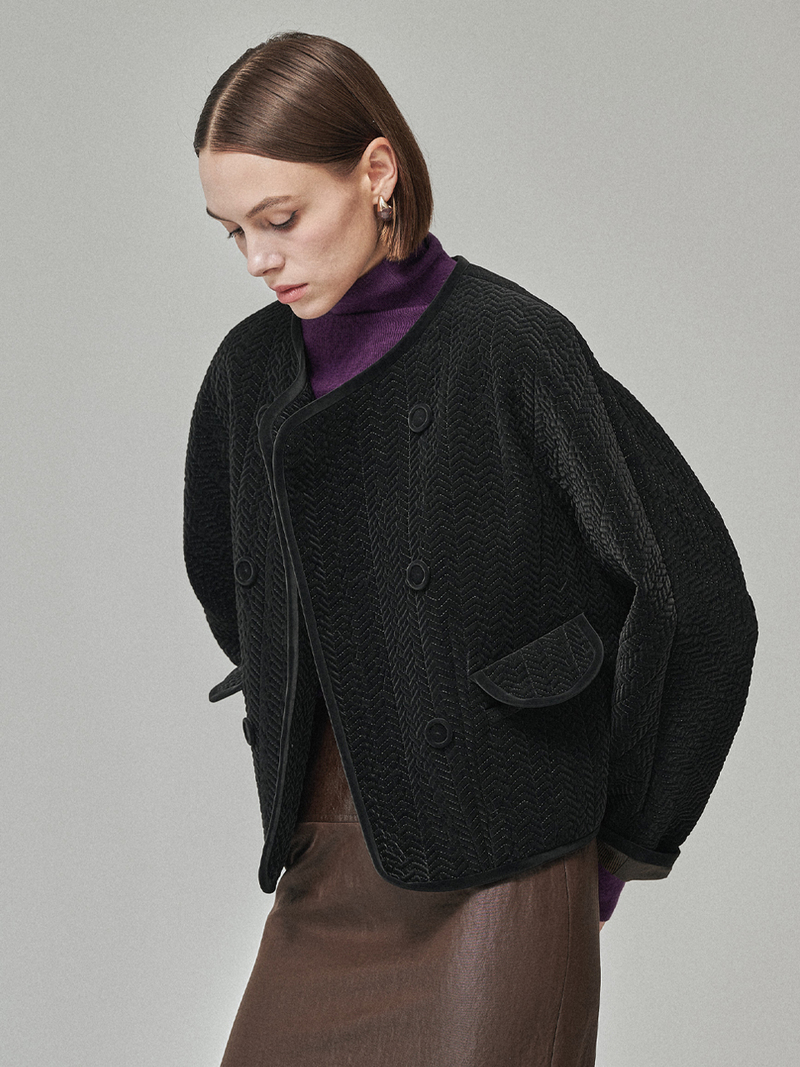 Maison De Ines Herringbone Quilted Jacket - Shine Jet Black