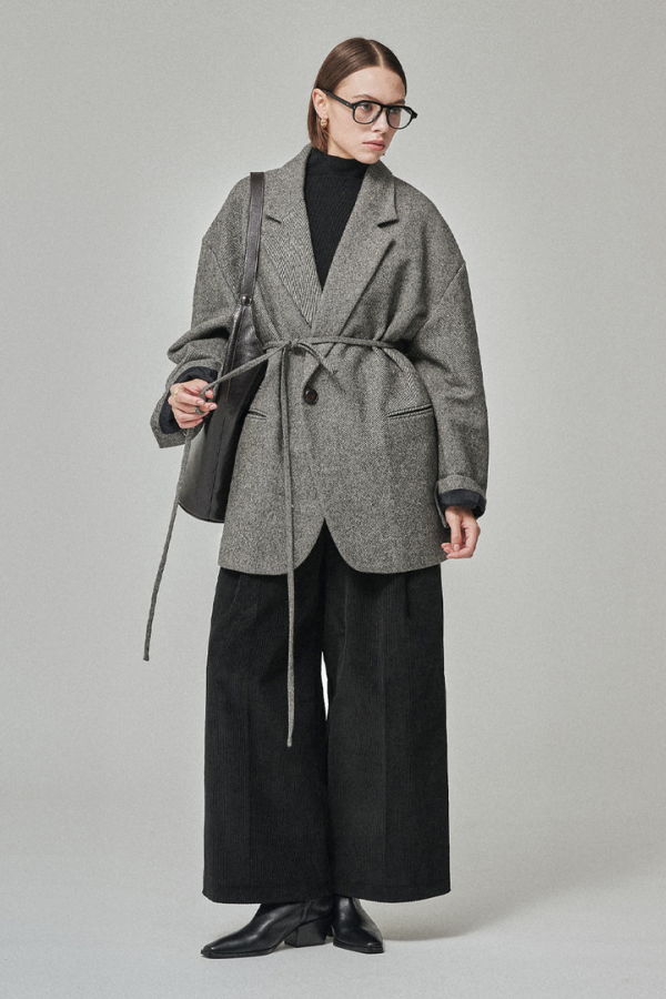Maison De Ines Oversized Wool Blend Jacket - Herringbone Ash Gray