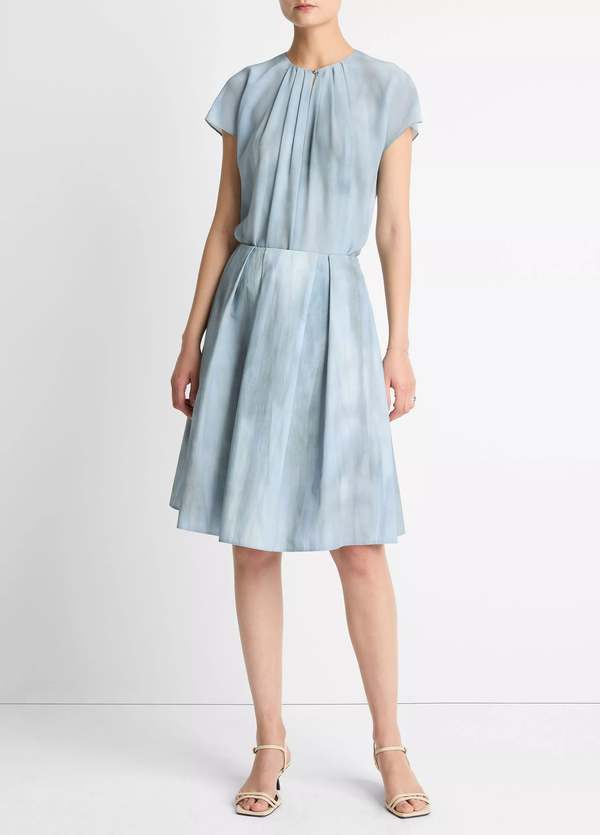 VINCE Washed Ombr Cotton Pleated Knee Skirt - Azura Wash