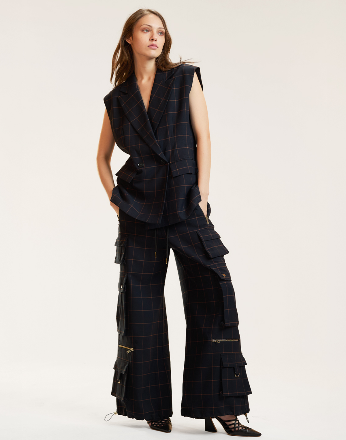 Cynthia Rowley Gilded Grid Cargo Pants - BLKWDP - Image 1 of 5