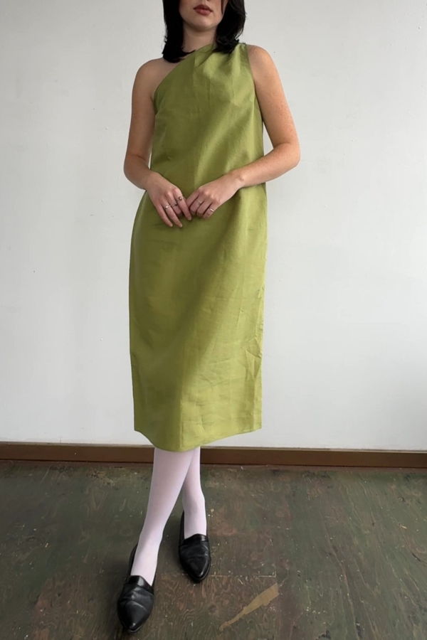 Vintage Silk One Shoulder Dress - Chartreuse