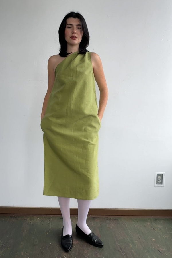 Vintage Silk One Shoulder Dress - Chartreuse