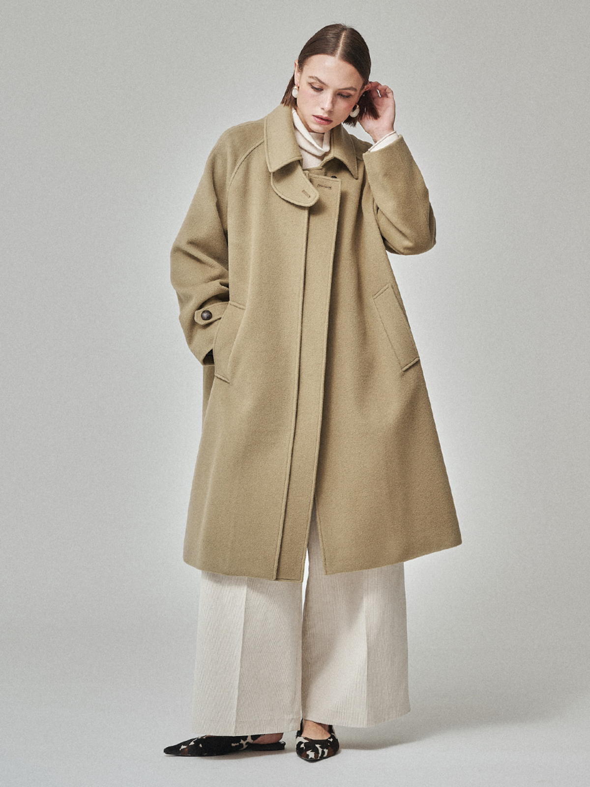 Maison De Ines Layered Placket Wool Coat - Sage Beige - Image 2 of 6