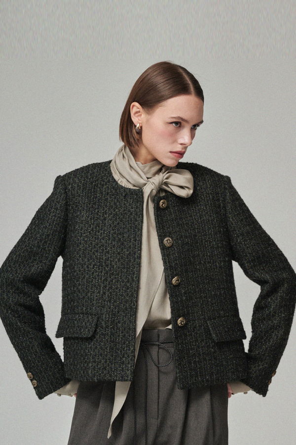 Maison De Ines Round-Neck No-Collar Tweed Jacket - Black Green Tweed
