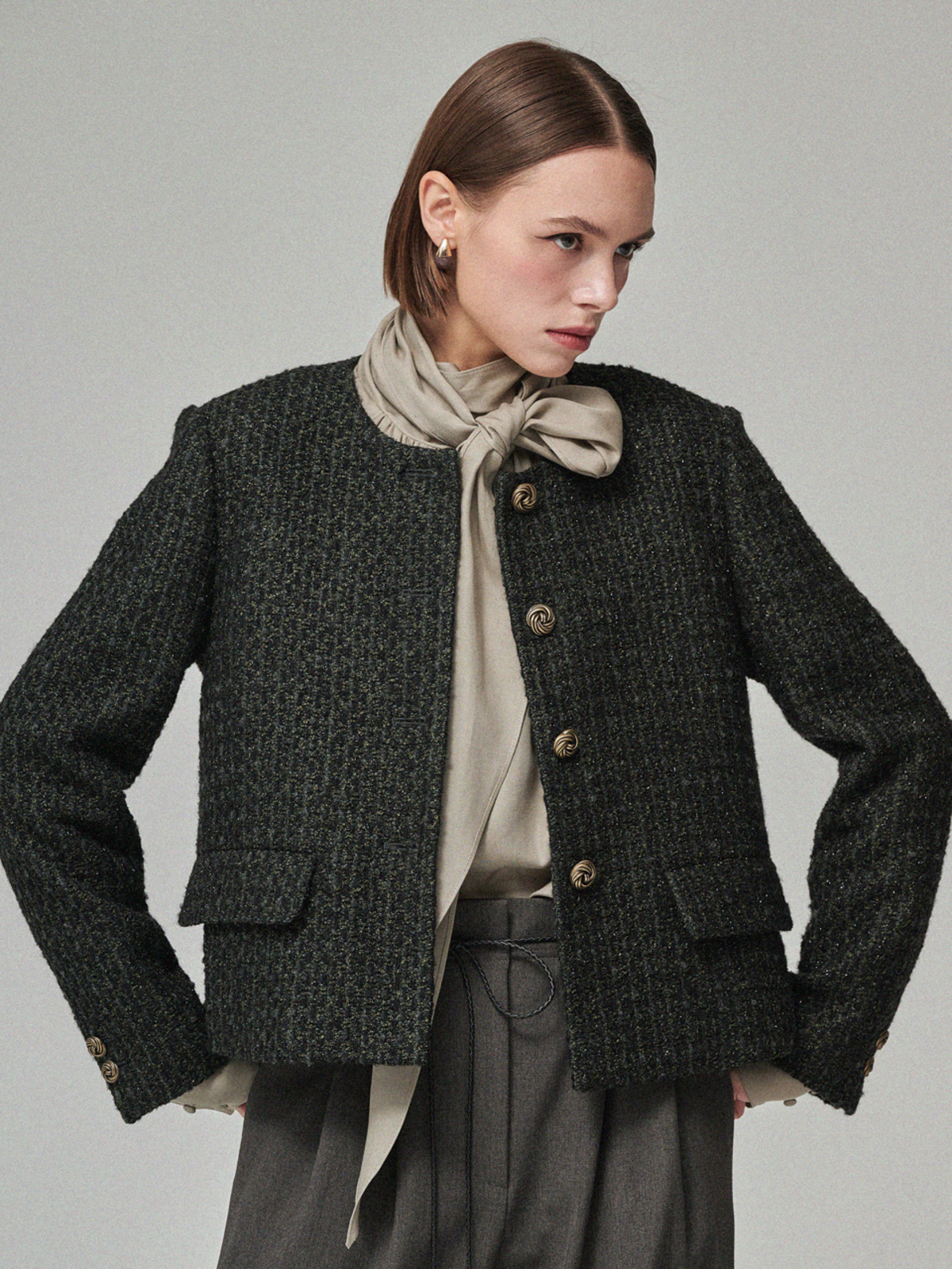 Maison De Ines Round-Neck No-Collar Tweed Jacket - Black Green Tweed - Image 1 of 6