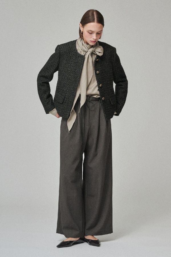 Maison De Ines Round-Neck No-Collar Tweed Jacket - Black Green Tweed