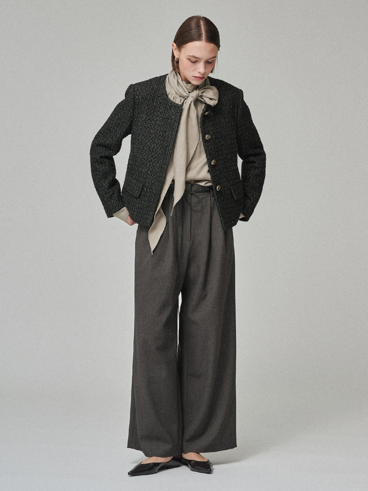 Maison De Ines Round-Neck No-Collar Tweed Jacket - Black Green Tweed - Image 2 of 6